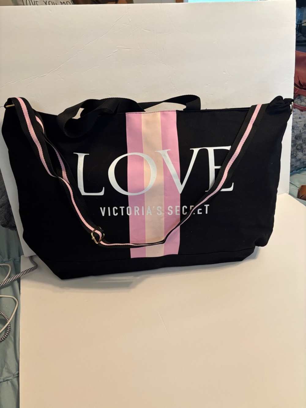 Victoria's Secret Black Tote with Pink Stripe and LOVE Logo